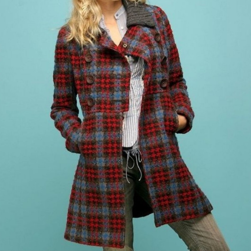 Nwt Free People Clyde Textured Pea Coat 8 Plaid Double Breasted